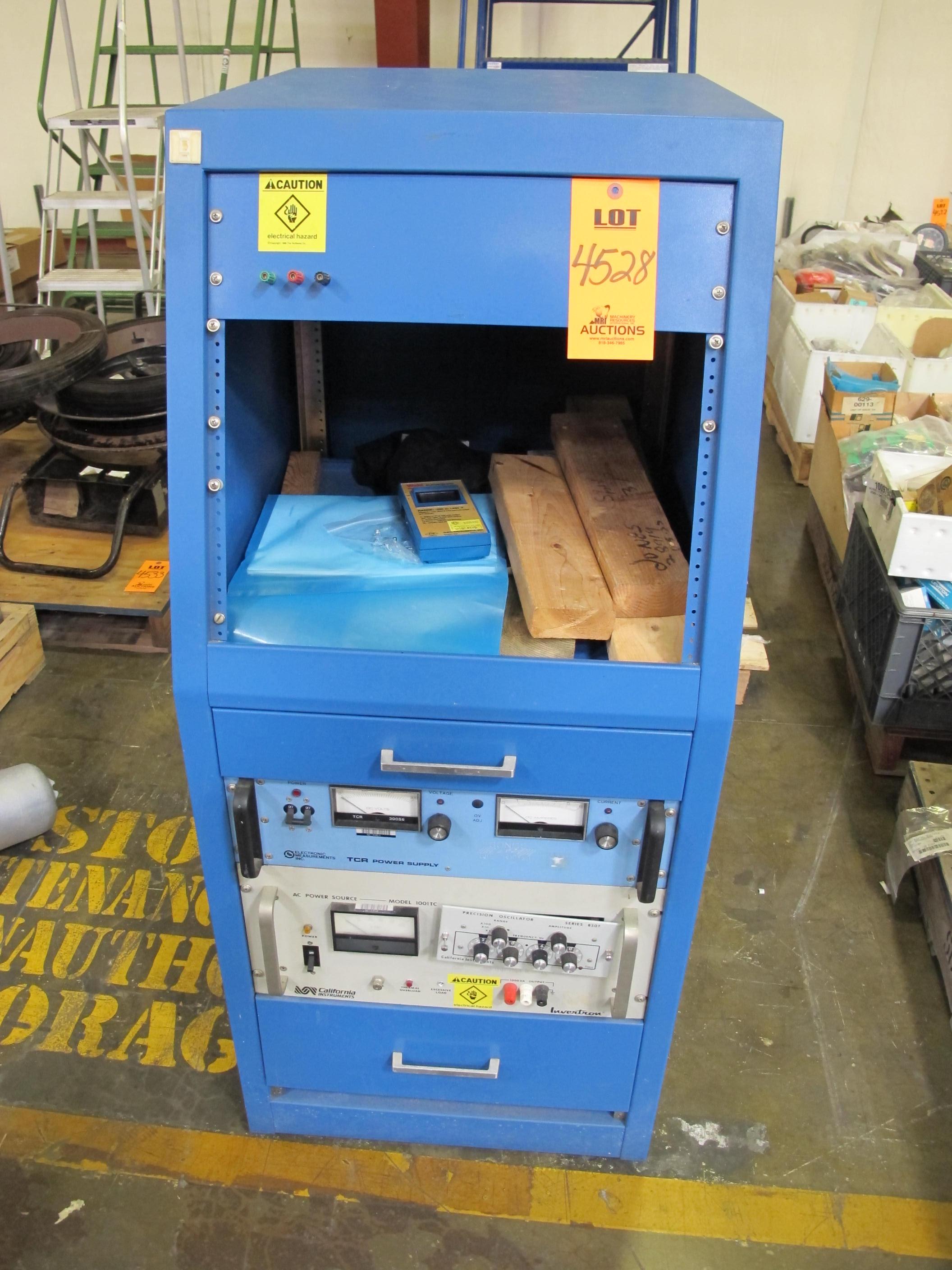 POWER SUPPLY CABINET, WITH ELECTRONIC MEASUREMENTS INC. TCR POWER SUPPLY, CALIFORNIA INSTRUMENTS INVERTRON MODEL 1001TC. LOADING & HANDLING FEE $15-4528